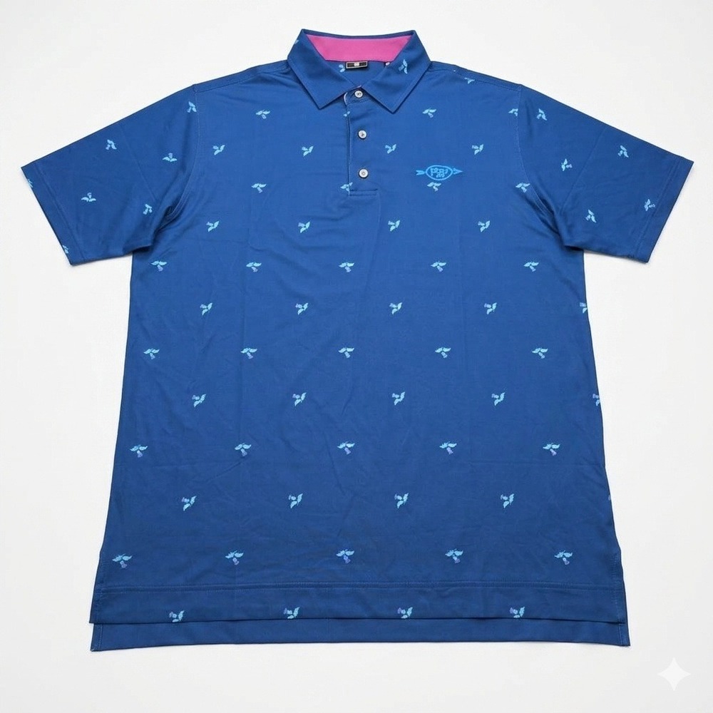 FootJoy Mens Blue Thistle Print Pequot Golf Club Polo Shirt Large FJ Pink Trim